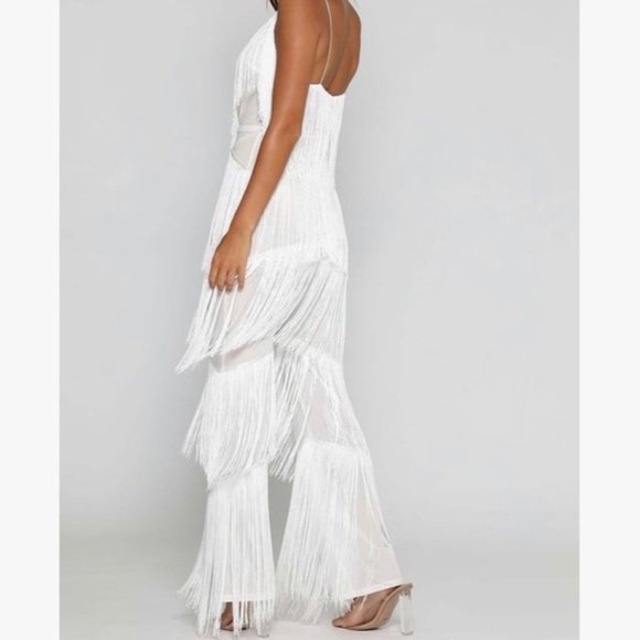 Meshki Malia Fringe Jumpsuit White XS - Picture 3 of 6
